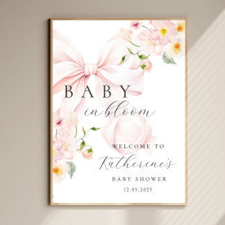 Baby In Bloom Rosa Babyshower Välkomstskylt Poster
