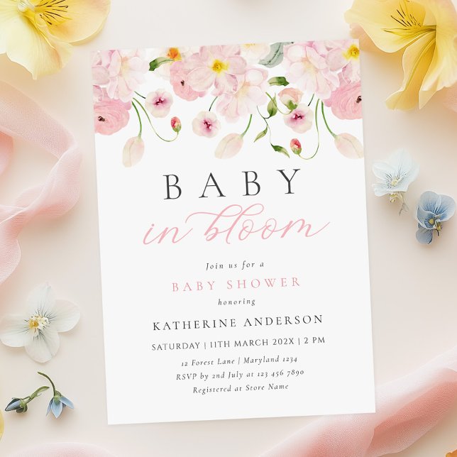 Baby In Bloom Rosa Blommig Barnkal Invitation Inbjudningar (Skapare uppladdad)