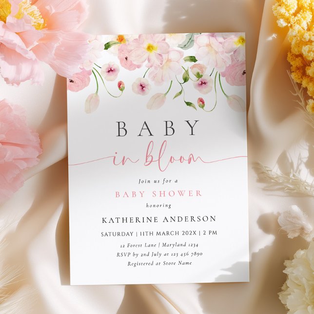 Baby In Bloom Rosa Blommig Barnkal Invitation Inbjudningar (Skapare uppladdad)