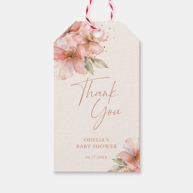 Baby In Bloom Rosa Blommig Bebis Shower Tack Presentetikett (Framsidan)