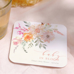 Baby In Bloom Rosa Blommig Flicktema Babyshower Underlägg Papper Kvadrat