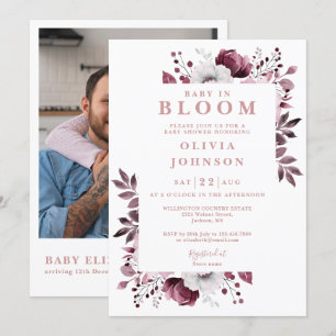Baby In Bloom Rosa Blommig Foto QR Baby Shower Inbjudningar