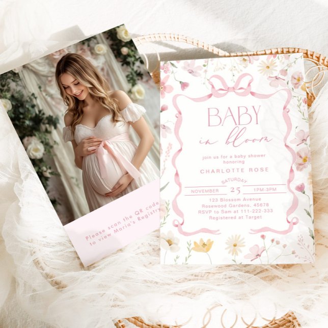 Baby in bloom Rosa Bow Qr Code Foto babydusch Inbjudningar (Skapare uppladdad)