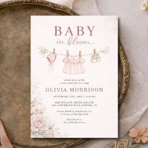Baby in Bloom Rosa Klädstreck Flicka Baby Shower Inbjudningar