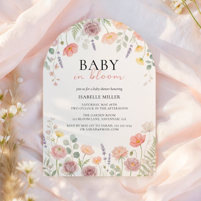 Baby In Bloom Rosabruten Vårblomma Bröllopsbåge Inbjudningar (Baby In Bloom Blush Teal Spring Floral Shower Arch Invitation)