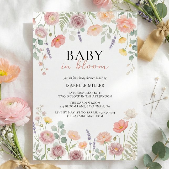 Baby In Bloom Rosé & Turkos Vårblommande Bröllopsd Inbjudningar (Baby In Bloom Blush & Teal Spring Floral Shower Invitation)