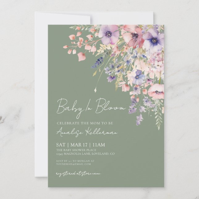 Baby In Bloom Sage Green Baby Shower Inbjudningar (Framsida)
