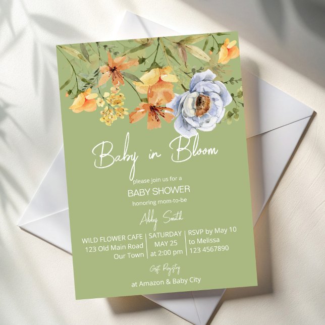 Baby in bloom sage green baby shower  inbjudningar (Baby in bloom sage green yellow blue wild flowers summer baby shower invitation cards template)