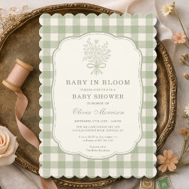 Baby in Bloom Sage Green Gingham Baby Shower Inbjudningar
