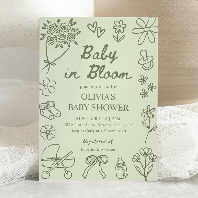Baby in Bloom Sage Green Hand Drawn Baby Shower Inbjudningar (Skapare uppladdad)