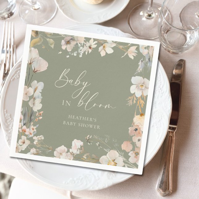 Baby In Bloom Sage Green Wildflower Baby Shower Pappersservett (Skapare uppladdad)