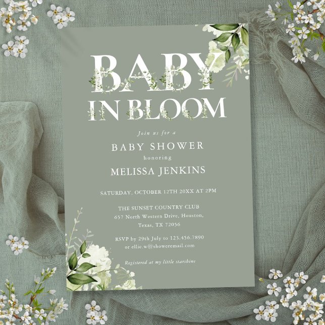 Baby In Bloom Sage Greenery Blommig Baby Shower Inbjudningar (Baby In Bloom Sage Greenery Floral Baby Shower Invitation)