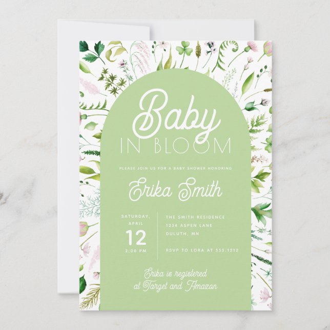 Baby in Bloom Salongsgrön Bebis Baby Shower Inbjud Inbjudningar (Framsida)