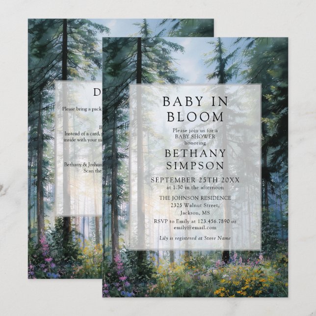 Baby in Bloom Skogs QR-kod Bebisdusch Inbjudningar (Fram/baksida)