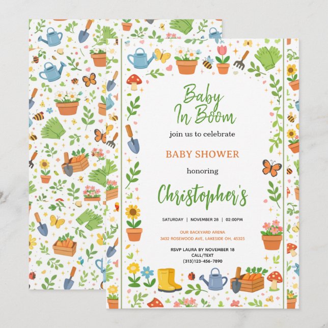 Baby in Bloom Trädgårds-Baby Shower | Söt Blomma Inbjudningar (Fram/baksida)