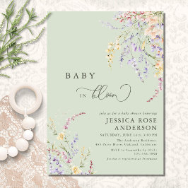 Baby In Bloom Vildblomma Ljusgrön Bebis-fest Inbjudningar