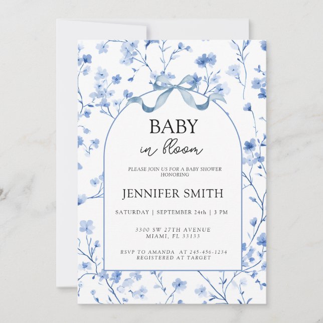 Baby in Bloom Vintage Mjuk Blå Blommig  Inbjudningar (Framsida)
