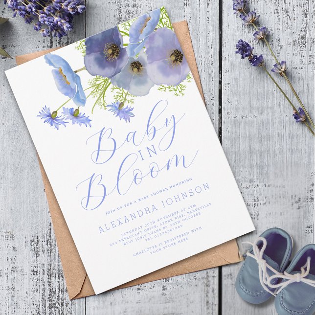 Baby In Bloom Watercolor Blå Blommig Inbjudan (Elegant baby in bloom watercolor boho wildflower blue floral boy baby shower)