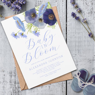 Baby In Bloom Watercolor Blå Blommig Inbjudan