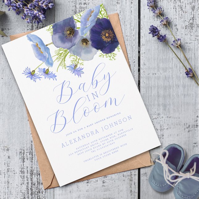 Baby In Bloom Watercolor Blå Blommig Inbjudan (Elegant baby in bloom watercolor boho wildflower blue floral boy baby shower)