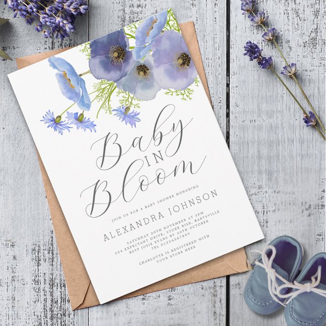 Baby In Bloom Watercolor Blå Blommig  Inbjudningar (Elegant watercolor blue floral boy baby shower invitation Outdoor spring summer garden party)