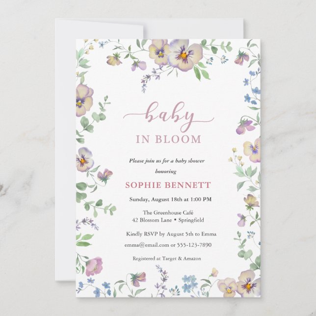 Baby in Bloom Watercolor  blommig  Viola Inbjudan (Framsida)
