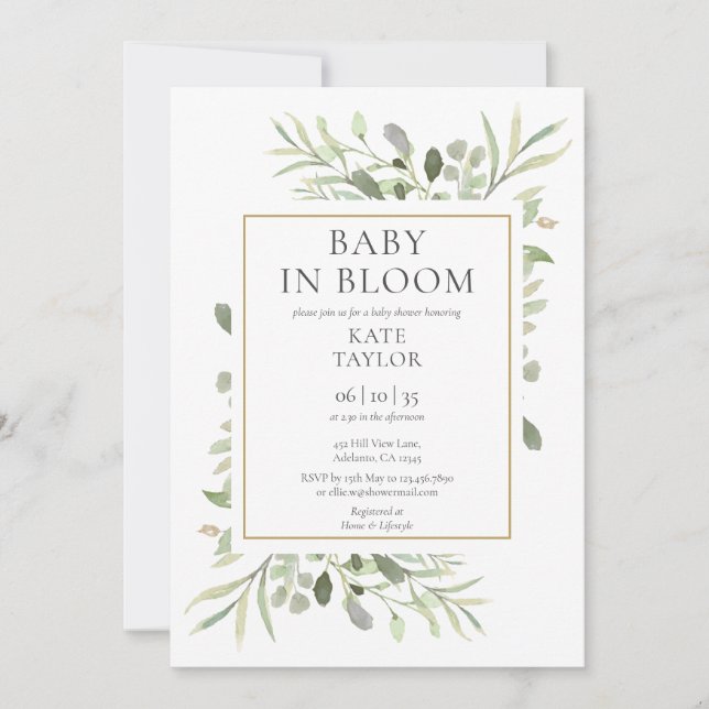 Baby In Bloom Watercolor Greenery Barnrumsfest Inbjudningar (Framsida)