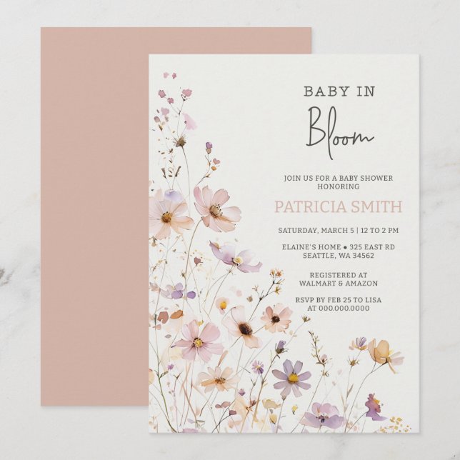 Baby in Bloom Wildflowers Baby Girl Baby Shower Inbjudningar (Fram/baksida)