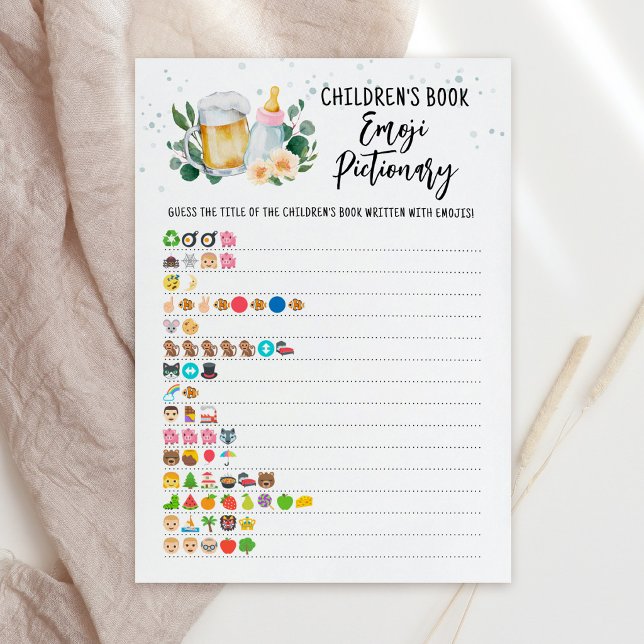 Baby Is Brewing Barnbok Emoji Pictionary Inbjudningar (Beer and Floral Baby is Brewing Baby Shower book emoji pictionary Game Card)