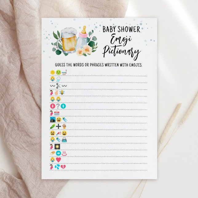 Baby Is Brewing Emoji Pictionary Spel Rosa Kort (Beer and Floral Baby is Brewing Baby Shower Emoji Pictionary Game Card)