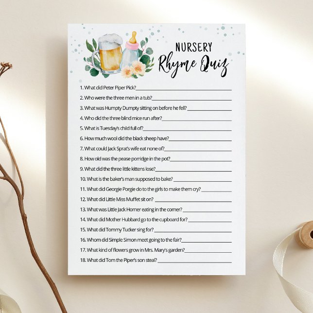 Baby Is Brewing Game Barnramsa Frågesport Rosa kor Inbjudningar (Beer and Floral Baby is Brewing Baby Shower Nursery Rhyme Quiz Game Card)
