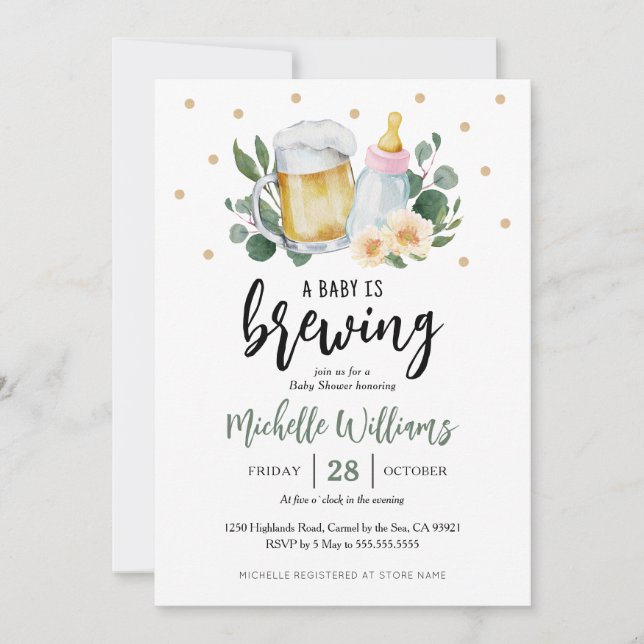 Baby Is Brewing Greenery Baby Shower Invitation Inbjudningar (Framsida)