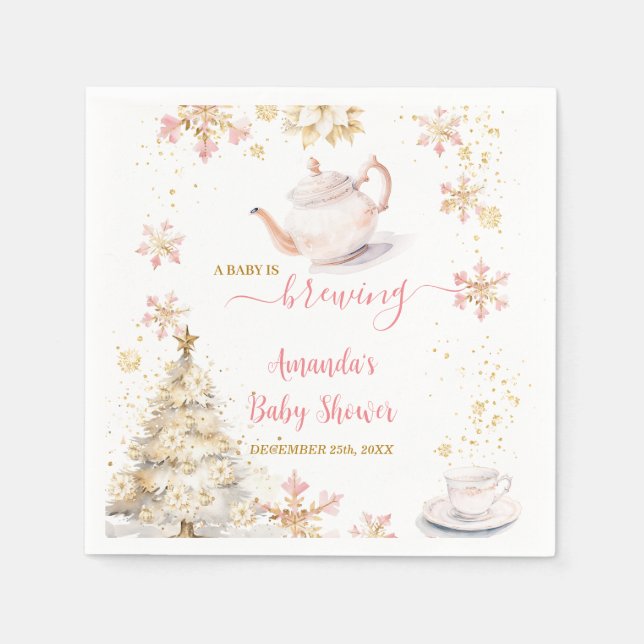 Baby Is Brewing Pink Winter Tea Party Baby Shower Pappersservett (Framsidan)