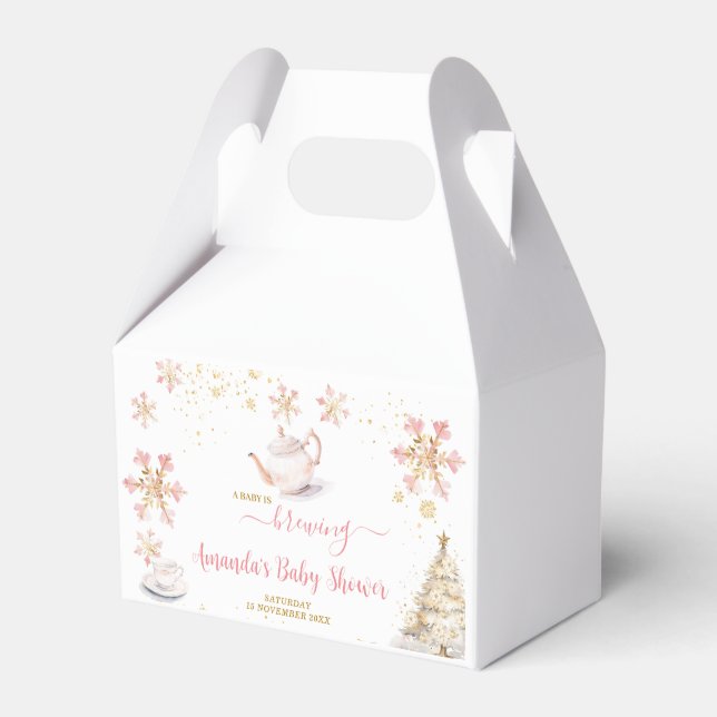 Baby Is Brewing Pink Winter Tea Party Baby Shower Presentaskar (Framsidan Sidan)