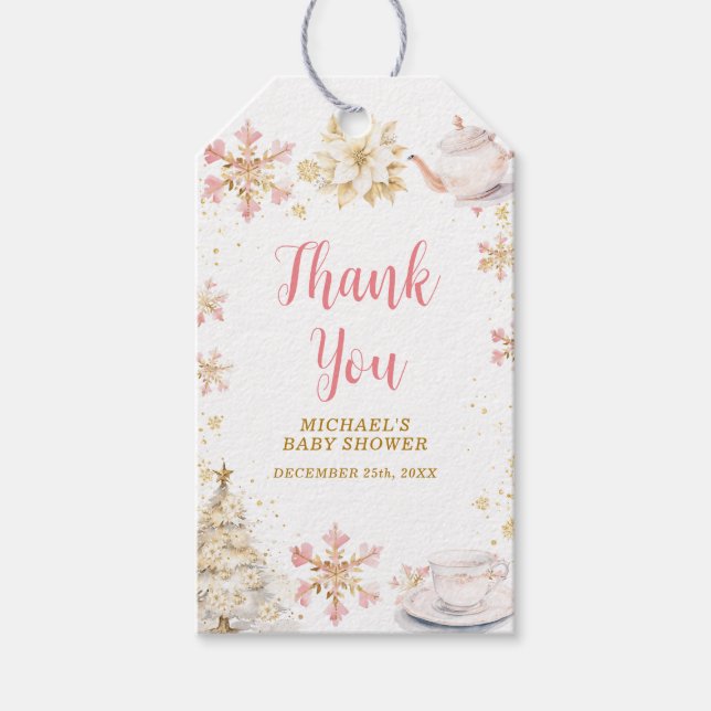 Baby Is Brewing Pink Winter Tea Party Baby Shower Presentetikett (Framsidan)