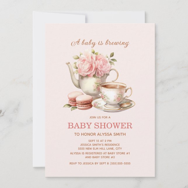 Baby is Brewing Rosa Blommig Babyflicka  Inbjudningar (Framsida)