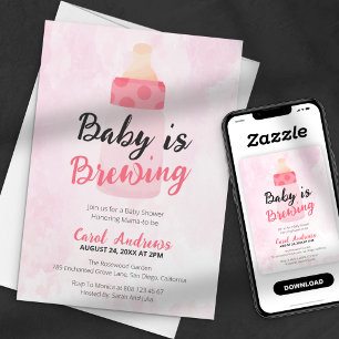 Baby is Brewing Rosa Flaska Vattenfärg Bebis Showe Inbjudningar