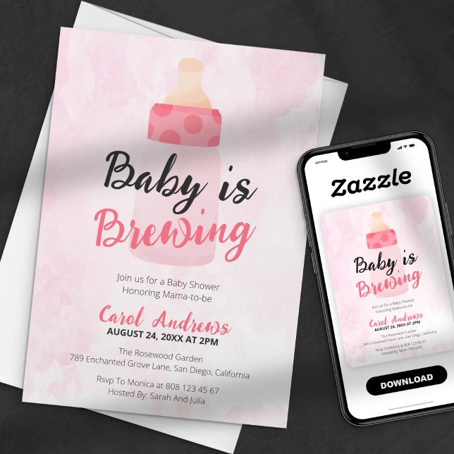 Baby is Brewing Rosa Flaska Vattenfärg Bebis Showe Inbjudningar (Skapare uppladdad)