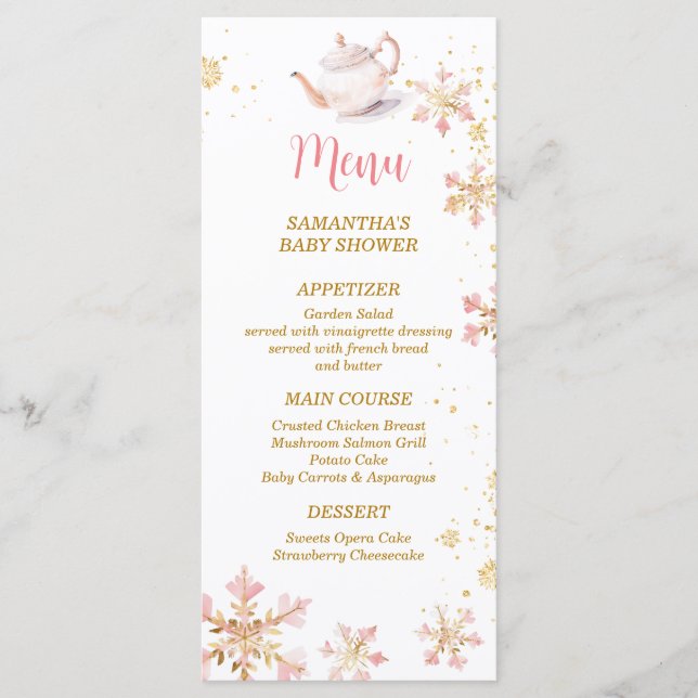 Baby Is Brewing Rosa Vinter Tea Party Baby Shower Meny (Framsida)