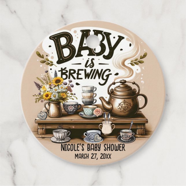 Baby is Brewing Rustic Tekanna Persiko Dusch Gåvor Etiketter (Framsida)