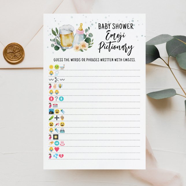 Baby Is Brewing Spel Emoji Pictionary Rosa (Floral and Beer Baby is Brewing Baby Shower Emoji Pictionary Game)