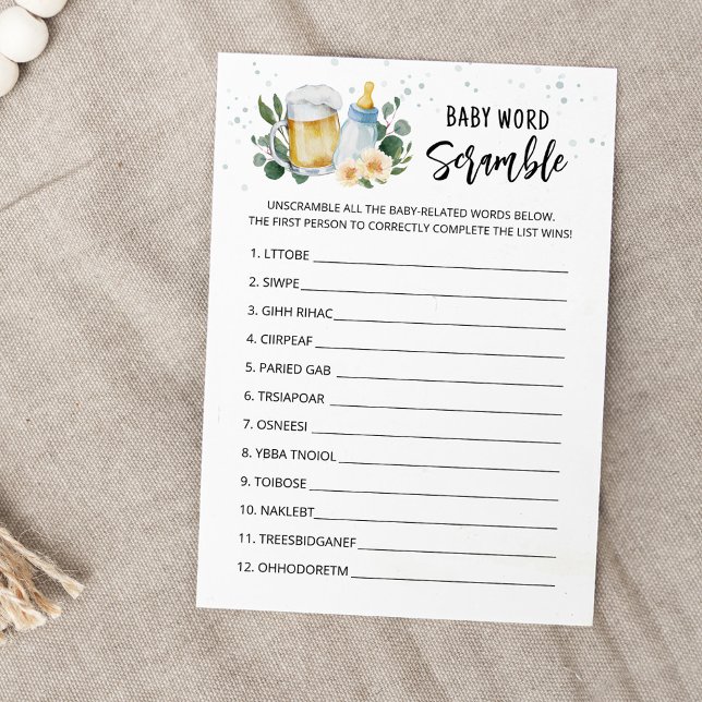  Baby Is Brewing Word Scramble Baby Shower Card Inbjudningar (Beer Sage Green Baby Shower Baby Word Scramle Game)