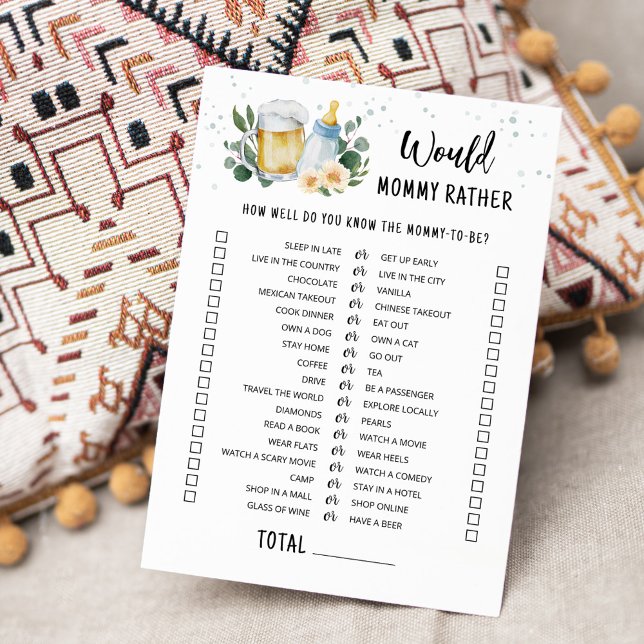 Baby Is Brewing Would Mommy Rather Game Card Inbjudningar (Beer Sage Green Baby Shower Would Mommy Rather Game)