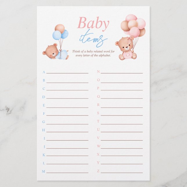 Baby Items Boy Girl Twillingar Baby Shower Game Flygblad (Framsidan)