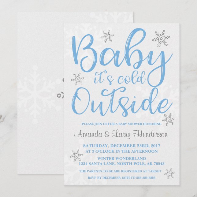Baby It's Cold Outside Baby Shower Inbjudan - Blå (Fram/baksida)