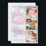 Baby It's Cold Outside Bilder Tjej Högtid Födelse Meddelande<br><div class="desc">Ett stilrent julkort för födelseannonsering med 3 bilder som du kan anpassa med dina speciella 3 foton i guldramar,  högtidsmeddelande,  namn och födelseinformation. Baksidan har fallande snöflingor. Designad av Thisisnotme©</div>