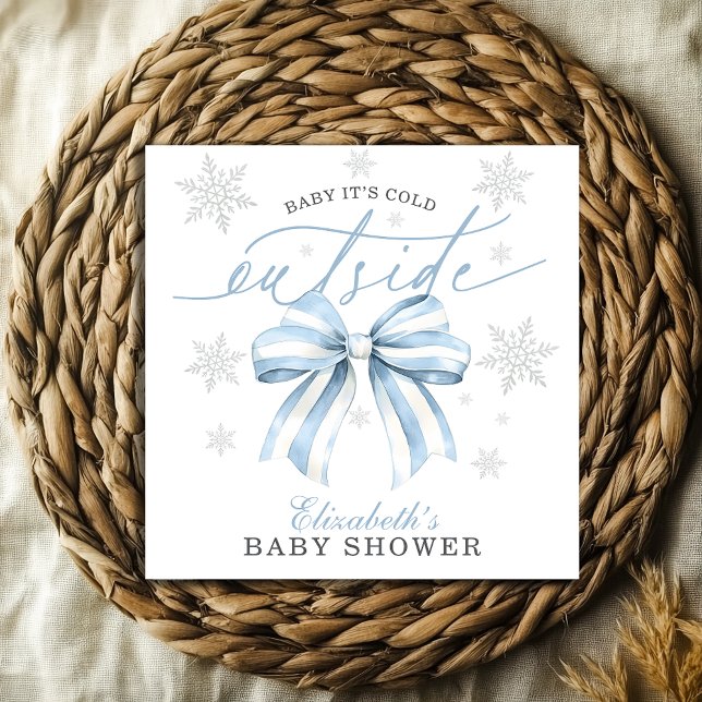 Baby It's Cold Outside Blå Slinga Vinter Baby Show Pappersservett (Blue Bow Baby It’s Cold Outside Winter Baby Shower Napkins)