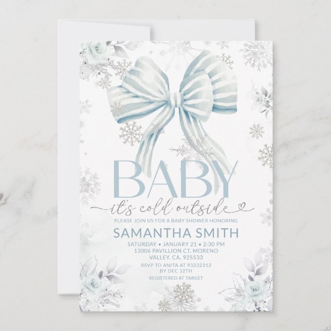 Baby It's Cold Outside Blue Bow Winter Baby Shower Inbjudningar (Framsida)