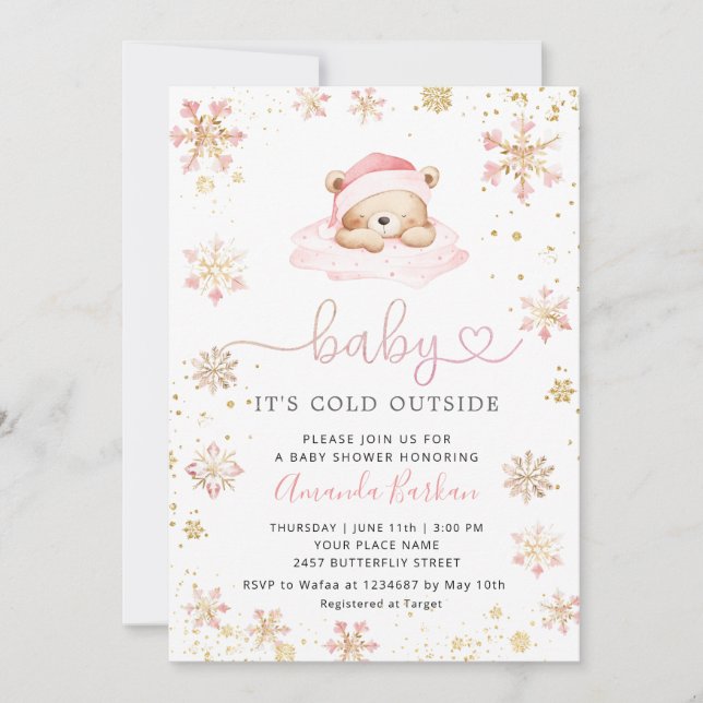 Baby It's Cold Outside Boho Rosa flicka Bebis fira Inbjudningar (Framsida)