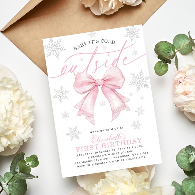 Baby Its Cold Outside Coquette Pink Bow Birthday Inbjudningar (Baby Its Cold Outside Coquette Pink Bow Birthday Invitation)